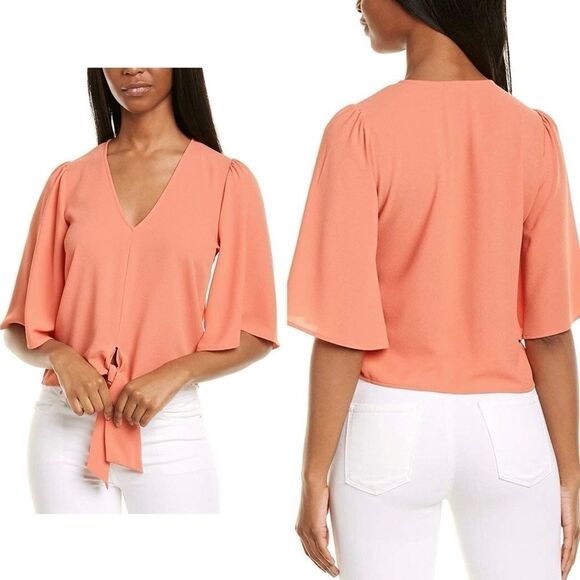 1.STATE Flounce Sleeve Tie Front V-Neck Blouse - Picture 2 of 9